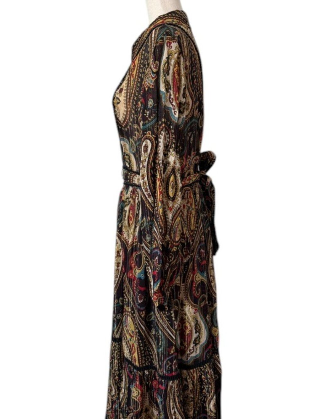 Paisley Print Maxi Dress Black Gold Teal Tiered Long Sleeve Collared Boho Belt - Picture 3 of 7